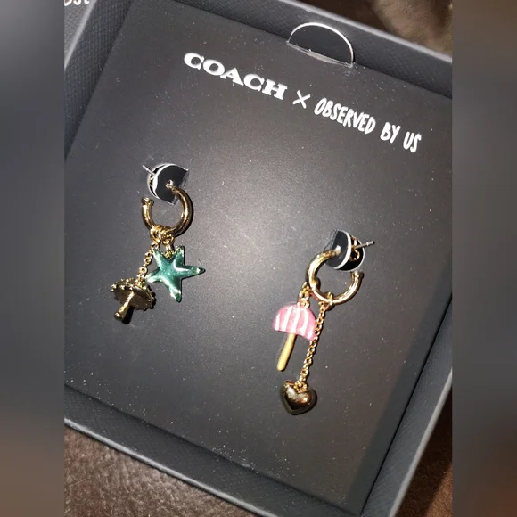 Coach X Observed By Us Gold Hoop Mushroom Heart Stsr Charm Earrings New In Box
